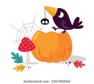 Halloween with Orange Pumpkin with Spider and Raven Vector Illustration