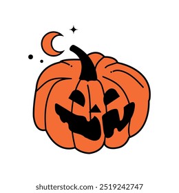 Halloween Orange Pumpkin Vector Flat Sticker with Moon, Star and Circles on White Background. Holiday Cartoon Vegetable Face, Horror Character.