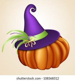 Halloween orange pumpkin with violet witch hat