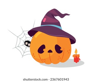 Halloween with Orange Pumpkin in Witch Hat with Spider Net Vector Illustration