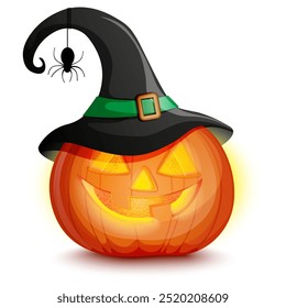 Halloween orange pumpkin with witch hat. Funny cartoon vector character with spider, Thanksgiving
