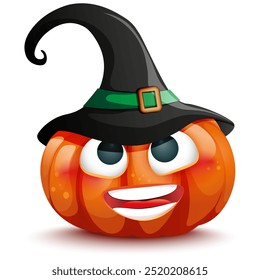 Halloween orange pumpkin with witch hat. Funny cartoon vector emoticon. Thanksgiving