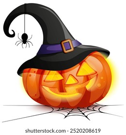 Calabaza naranja de Halloween con sombrero de bruja. Divertido personaje de Vector de dibujos animados con araña, Acción de Gracias
