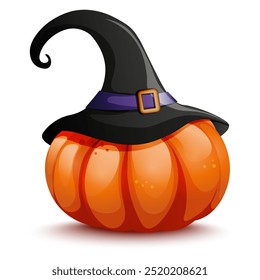 Halloween orange pumpkin with witch hat. Funny cartoon vector illustration on white background