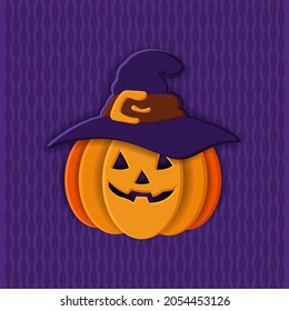 Halloween. An orange pumpkin in a witch's hat on a purple striped background. A card for the game. Papercut.