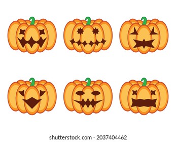Halloween Orange pumpkins with carving scary smiling, happy face and sad face. Cartoon Halloween pumpkin. Orange squash silhouette isolated on white background. Halloween pumpkin icon. 