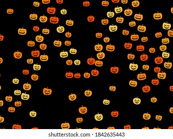 Halloween orange pumpkins with various expressions on black.