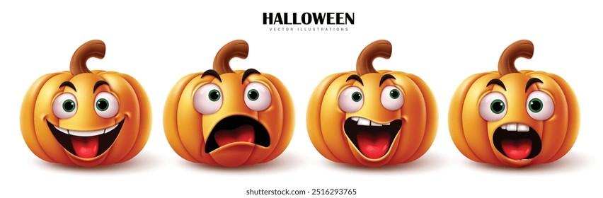 Halloween orange pumpkins vector set design. Halloween 3d pumpkins cartoon with happy, cute, naughty and smiling facial expressions holiday season symbol in white isolated background. Vector 