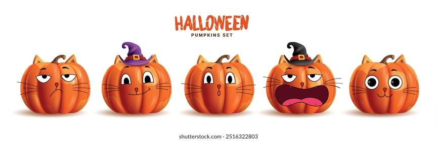 Halloween orange pumpkins vector set design. Pumpkins orange cat characters cute collection with creepy, spooky and scary elements. Vector illustration horror cat characters set. 
