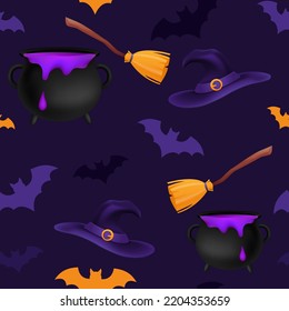 Halloween orange and purple festive seamless pattern. Endless background with bats, witch magic cauldron with potion, hat, broomstick, wizard staff. Template design for decoration