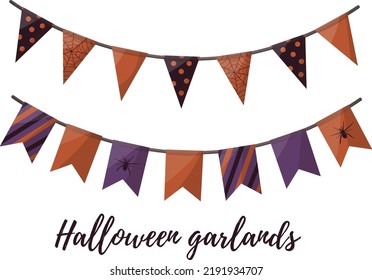 Halloween orange and purple garlands. Halloween patry decor, orange and purple halloween element for kid party. Isolated vector illustration for poster, banner, cover, menu, advertising.