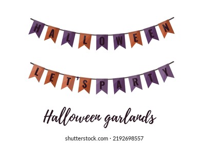 Halloween orange and purple garlands. Halloween patry decor, orange and purple halloween element for kid party. Isolated vector illustration for poster, banner, cover, menu, advertising.