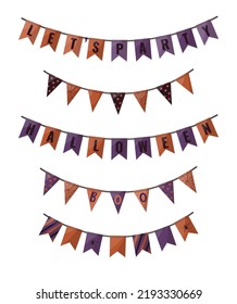 Halloween orange and purple garlands. Halloween patry decor, orange and purple halloween element for kid party. Isolated vector illustration for poster, banner, cover, menu, advertising.