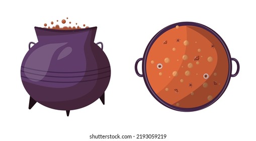 Halloween orange and purple pumpkin cauldron with eyes, mushrooms. Halloween party sweet treat, element for kids party. Isolated vector illustration for poster, banner, cover, menu, advertising.