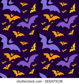 Halloween Orange Purple Seamless Pattern.Endless Bright Background , Cute Bats,Flittermouse.All Saint Day Banner. Differernt Bats Greeting Card.Happy Halloween.Textile Print.Spooky Vector Illustration
