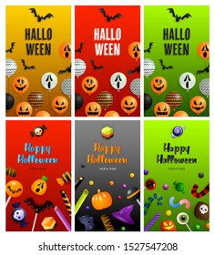 Halloween orange, red, green banner set with balloons, sweets. Halloween, October, trick or treat. Lettering can be used for greeting cards, invitations, announcements