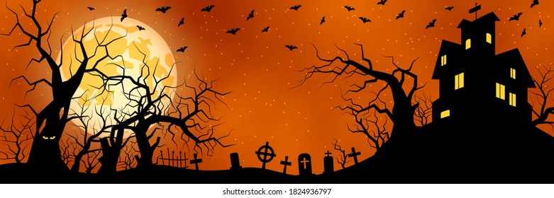 Halloween orange scary night horizontal vector banner 