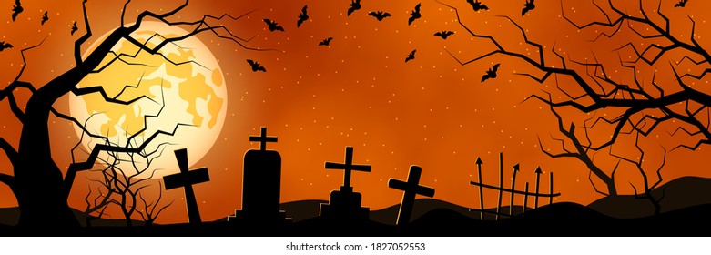Halloween orange scary night horizontal vector banner 