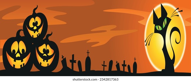 Halloween orange scary night horizontal vector banner