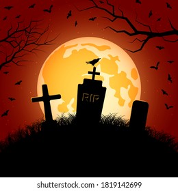 Halloween orange scary night vector background. Dead tree, old cemetery and bats illustration