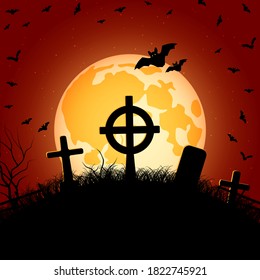 Halloween orange scary night vector background. Dead tree, old cemetery and bats illustration