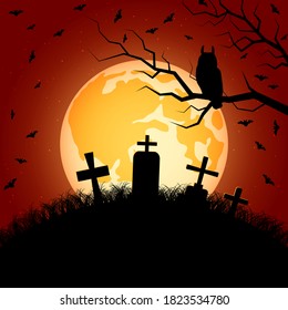 Halloween orange scary night vector background. Dead tree, old cemetery and owl illustration