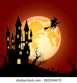 Halloween orange scary night vector background. Gothic castle, old cemetery and bats illustration