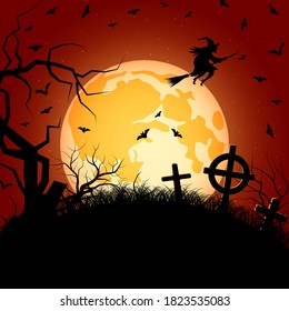 Fondo vectorial nocturno de miedo naranja de Halloween. Árbol muerto, cementerio antiguo e ilustración de bruja