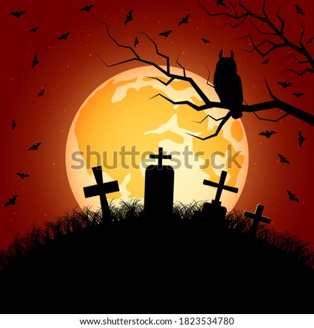 Halloween orange scary night vector background. Dead tree, old cemetery and owl illustration