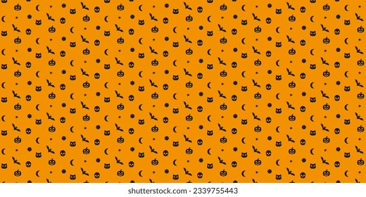 Halloween orange seamless pattern. background with pumpkins, skulls, bats, spider web. Vector illustration