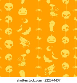 halloween orange seamless pattern with cute skulls, ghosts, cats, bats, pumpkins etc