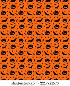 Halloween orange seamless pattern. Endless background with pumpkins, candies, bats, stars
