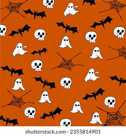 Halloween orange seamless pattern. ghosts, bones and skull head