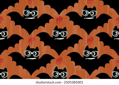 Halloween orange  seamless pattern. Hauntingly elegant vector tile, featuring a nocturnal dance of winged vampire creature silhouettes against a mysterious, spookily enchanting orange background