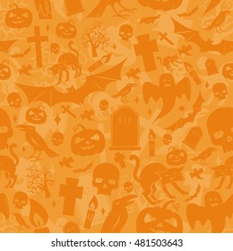 Halloween orange seamless pattern. Vector illustration. Halloween pattern include cat, pumpkin, bat, crow, skull, tree, candle, ghost and grave.