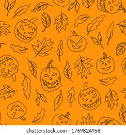Halloween orange seamless vector pattern with pumpkins and autumn leaves. Line art style