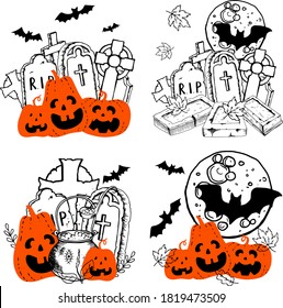 Halloween orange smiling creepy pumpkins witchs cauldron with potion headstones celtic cross bat. Hand drawn doodle compositions set. Stock vector illustration isolated on white background.