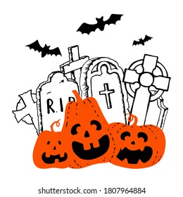 Halloween orange smiling pumpkin headstone and celtic cross black bats silhouette. Hand drawn doodle for postcard poster banner decoration. Stock vector illustration isolated on white background.