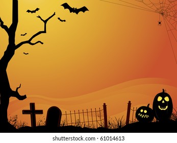 Halloween orange sunset cemetery  with bats, pumpkins, old tree, and gradient fog background