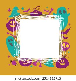 Halloween orange template with cartoon holiday characters, vector decorative frames.