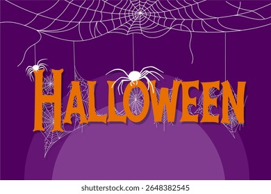 Halloween orange text with white spiders and webs hanging from the top on a vibrant purple background. Ideal for Halloween events and digital use.