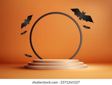 Halloween orange theme product display 3D beige podium decoration with black circle and bat shape paper cut elements on orange wall background. Halloween concept, product display. Vector illustration