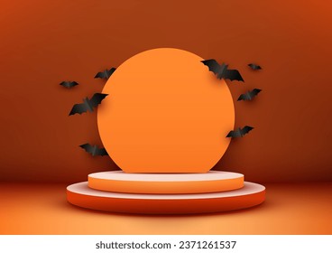 Halloween orange theme product display 3D orange podium decoration with circle and black bat shape paper cut elements on orange wall background. Halloween concept. Vector illustration