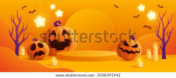 Halloween orange theme product display podium on\
paper graphic background with group of 3D illustration Jack O\
Lantern pumpkin and candle\
light.