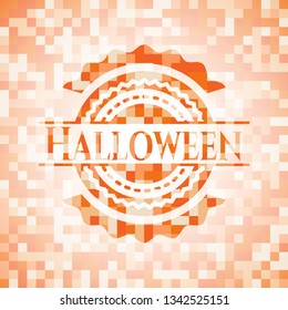 Halloween orange tile background illustration. Square geometric mosaic seamless pattern with emblem inside.