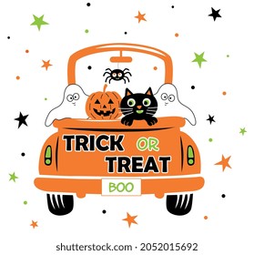 Halloween Orange truck pattern with different cute characters ghost, pumpkin, and cat. Vector Halloween truck with Trick or Treat and Boo text on the back  