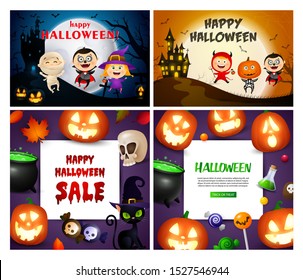 Halloween orange, violet banner set with pumpkins, monsters. Halloween, October, trick or treat. Lettering can be used for greeting cards, invitations, announcements