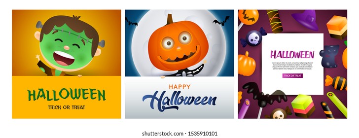 Halloween orange, violet banner set with pumpkin, Frankenstein. Bat, pumpkin, pot. Lettering can be used for greeting cards, invitations, announcements