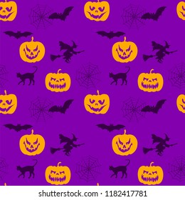 Halloween orange violet festive seamless pattern endless background with pumpkins, cats, spider webs, flying witches and bats. Flat Halloween seamless pattern trendy ultra violet vector design.