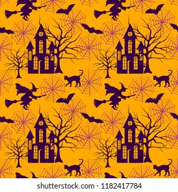 Halloween orange violet festive seamless pattern endless background with witch, bats, spider web, horror castle and tree silouettes. Flat flying witch on broom Halloween seamless pattern vector design